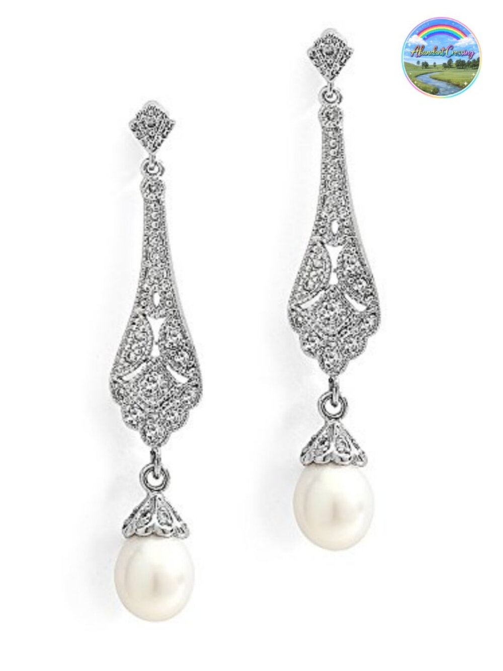 Rhodium Plated Brass CZ Freshwater Pearl Dangle Earrings Bridal Wedding